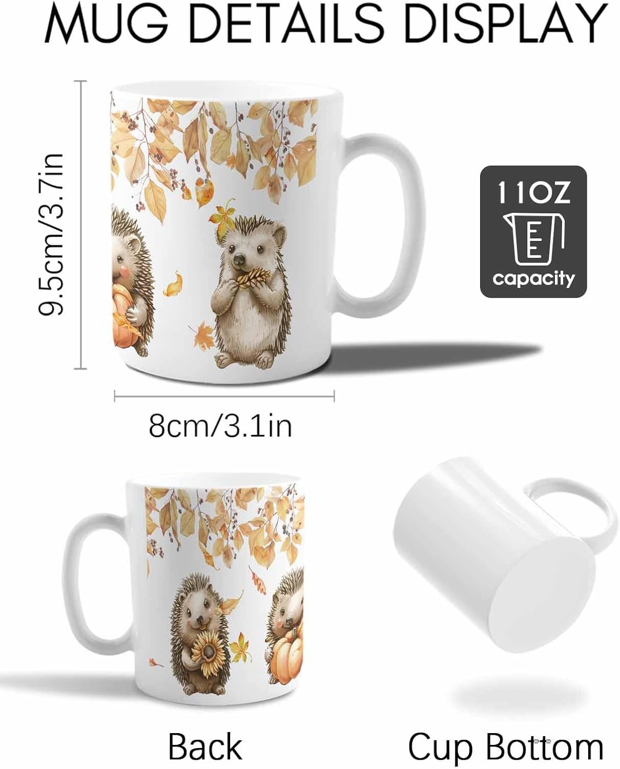 BEMIGO Ceramic Coffee Mug Fall Leaves Ceramic Mug White Cup, Hedgehog Pumpkin Insulated Coffee Cup with Handle with Pattern Perfect for Tea and Hot Beverages, 12oz
