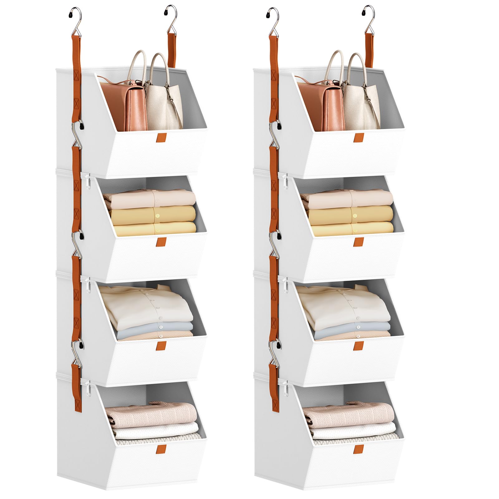 Homsorout Hanging Closet Organizer 4 Tier - Clothes Hanging Shelves, Space-Saving Closet System, Fabric Storage Bins Bedroom Organization, Collapsible Baskets for Home, Dorm, Rv, White, 2 Pack