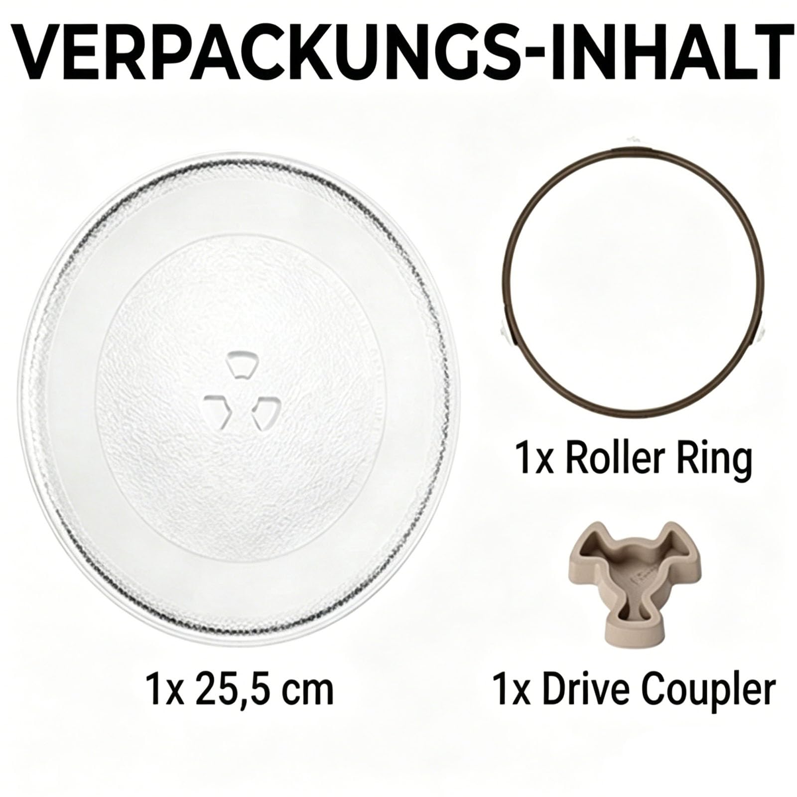 Universal Mikrowellenteller 24,5 cm Drehteller Mikrowelle mit 3 Noppen, 1 Mikrowelle Drehring und 1 Mikrowellen Drehbarer Teller Koppler Glasteller für Mikrowellen, Küche, Esszimmer