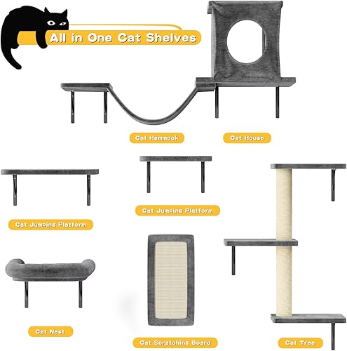 Miniatura 7 de NUNU LAB Estantes de pared para gatos, juego de 6 piezas de lujo para escalar gatos, muebles de interior para gatos con 1 casa de condominios, 2