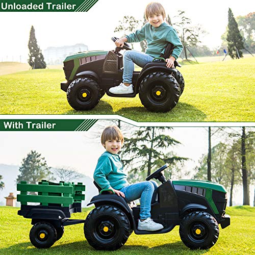 VALUE BOX Extra Larger 12V Ride on Tractor with Trailer, Battery Powered Electric Agricultural Vehicle Toy Car Ground Loader w/ 2 Speeds, Detachable Wagon, Shovel, LED Lights, MP3 player, Radio, Green