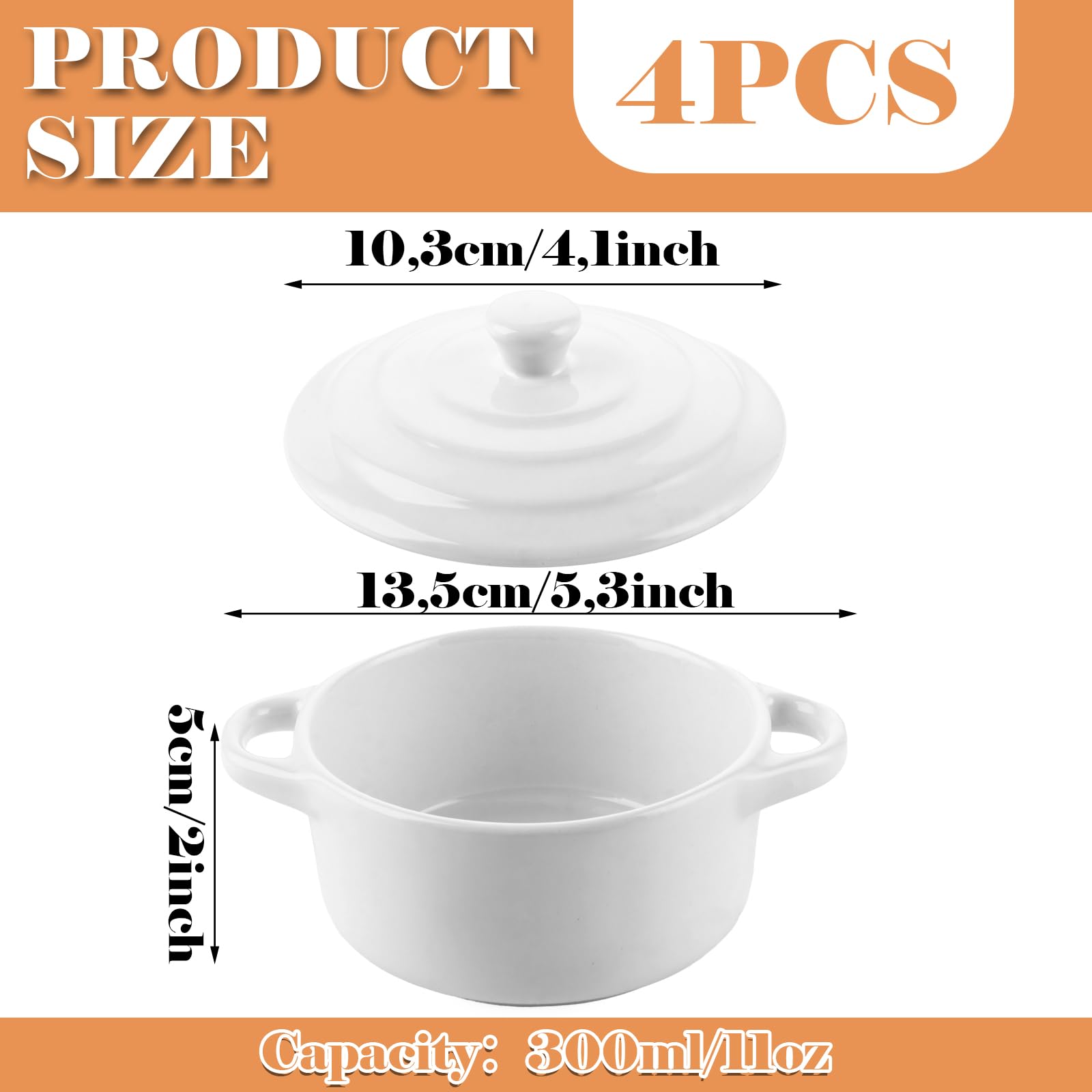 APACALI Lot de 4 mini cocottes avec couvercle, petits ramequins en porcelaine avec poignées, pour lasagnes, soufflé, four, micro-ondes et lave-vaisselle