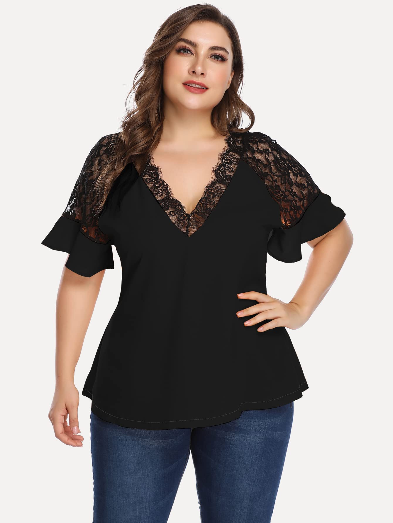 OYOANGLE Women's Plus Size Flounce Short Sleeve Work Office Lace Deep V Neck Elegant Blouse