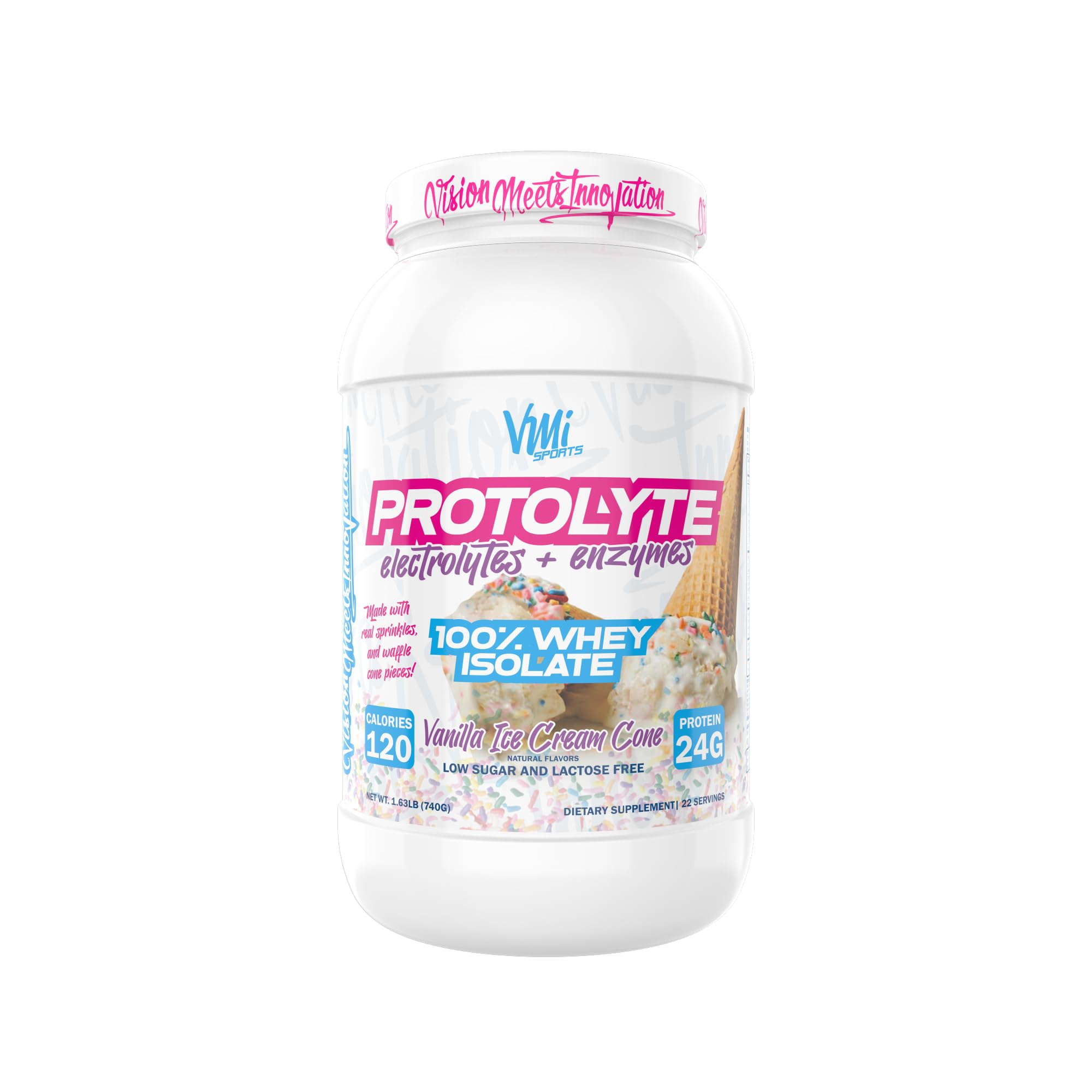 VMI Sports Protolyte 100% Whey Protein Isolate | Electrolytes Plus Enzymes | 22-25 Grams per Serving | Lactose and Gluten Free, Low Fat, Carbs & Sugar (1.6 lb, Vanilla Ice Cream Cone)