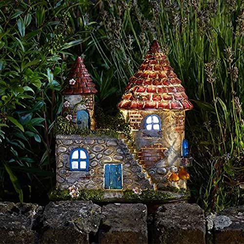Garden Mile LED Solar Fairy House Ornament Outdoor Weatherproof Decoration Sculpture, Warm White Light Resin Statue Fairy House Garden Ornaments with Solar Powered Lights