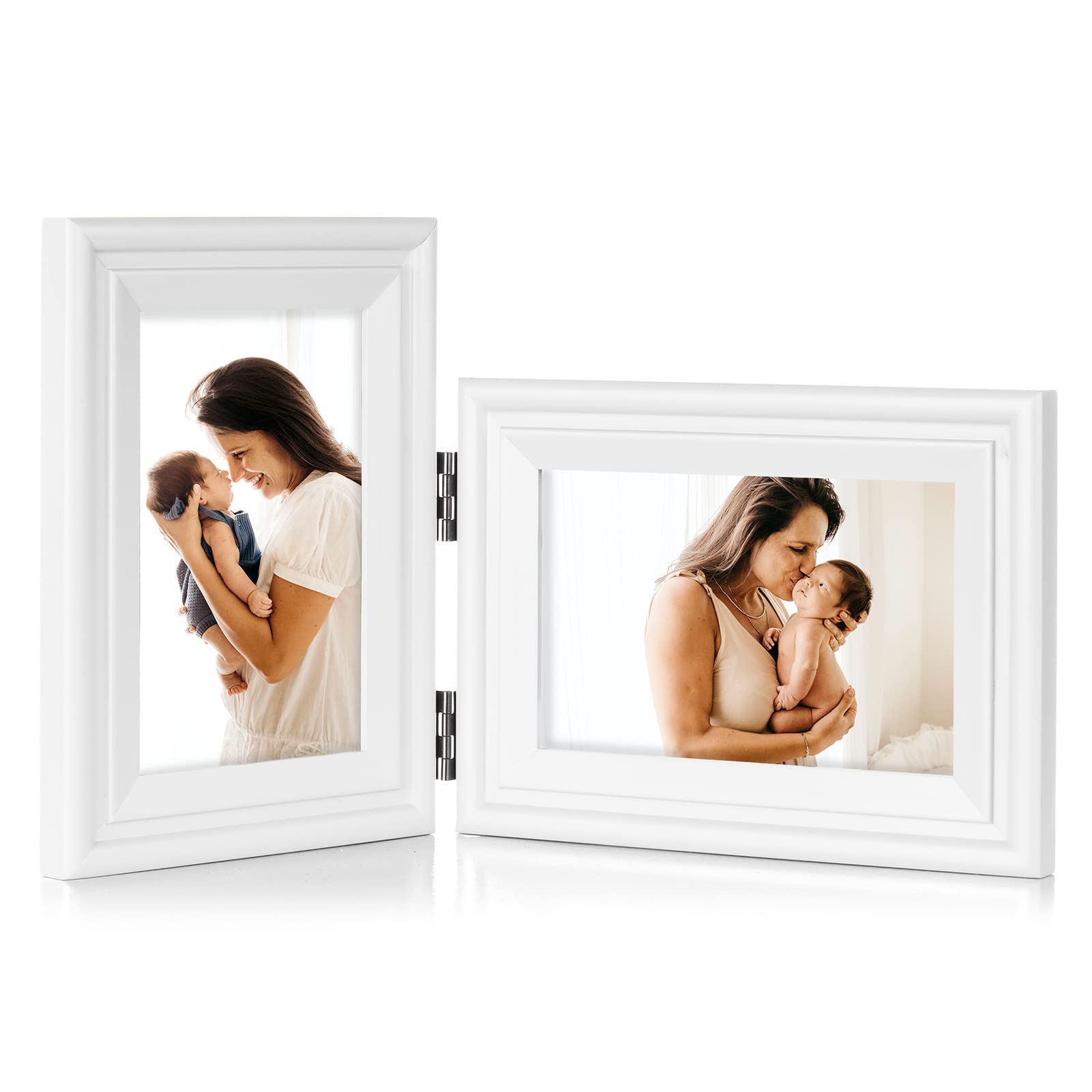 Tamolus 5X7 Double Wooden Hinged Picture Frame Vertical And Horizontal In Distressed Farmhouse Wood Grain, Display 4x6 With Mat Or 5x7 Without Mat, Folding Photo Frame With Real Glass Front