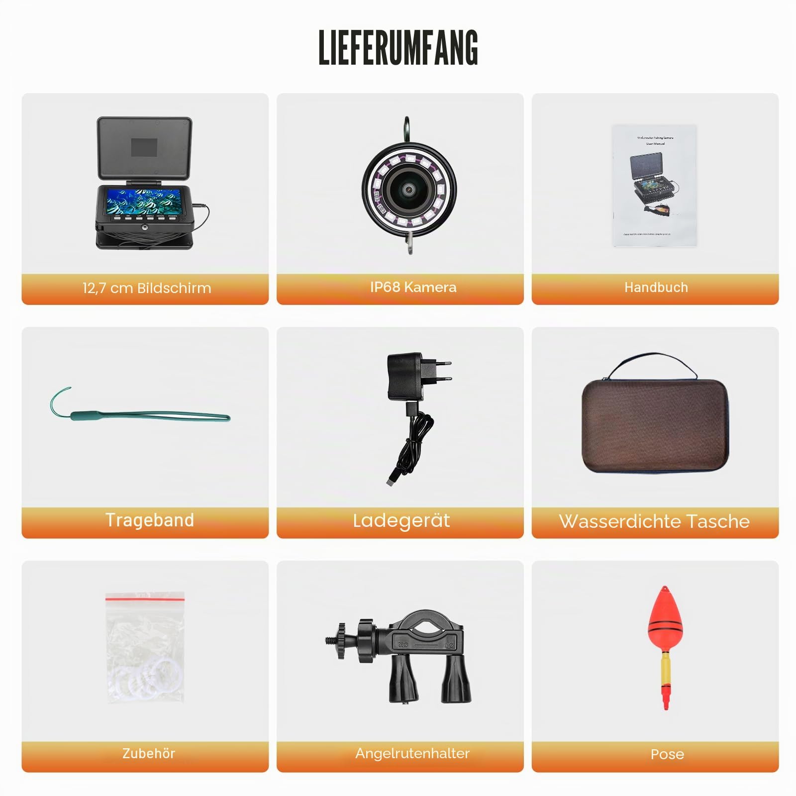 Tragbare Angelkamera, 5 Zoll Unterwasser mit 12 LEDs Licht, HD 1000TVL Wasserdicht Unterwasserkamera für EIS See Boot Angeln