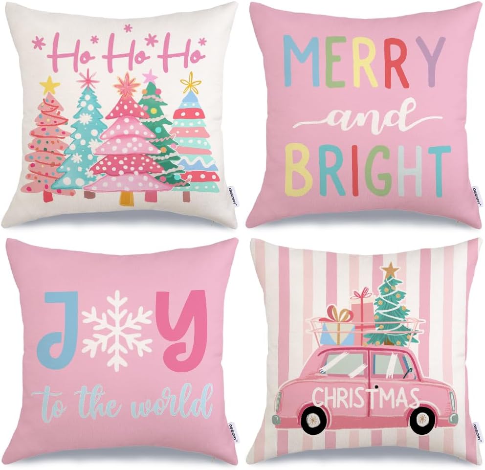 GEEORY Christmas Throw Pillow Covers 18 x 18 Inch Set of 4, Xmas Trees Truck Merry and Bright Pink Striped Holiday Farmhouse Decorative Cushion Cases for Home Decoration G581-18