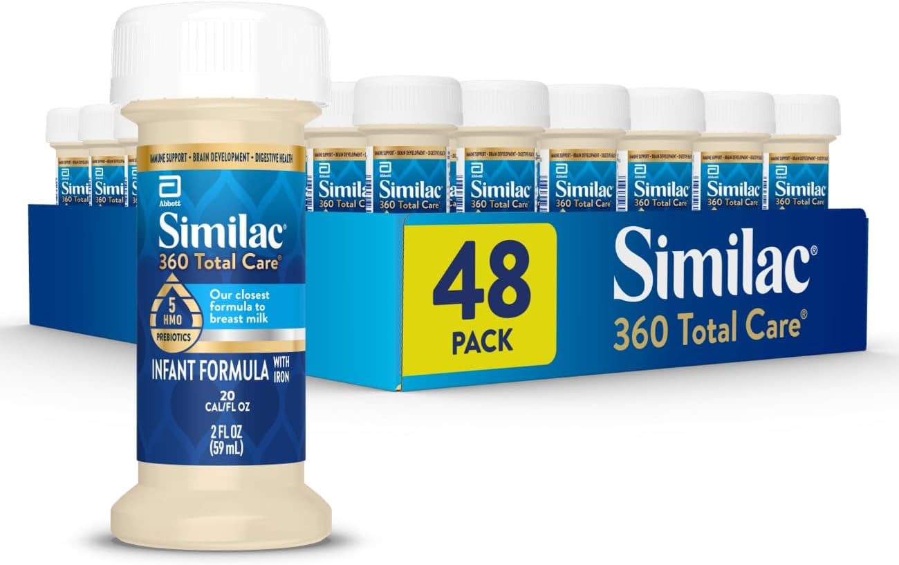 Similac 360 Total Care Infant Formula, Has 5 HMO Prebiotics, Our Closest Prebiotic Blend to Breast Milk, Non-GMO, Baby Formula, Ready to Feed, 2-fl-oz Bottle, Pack of 48