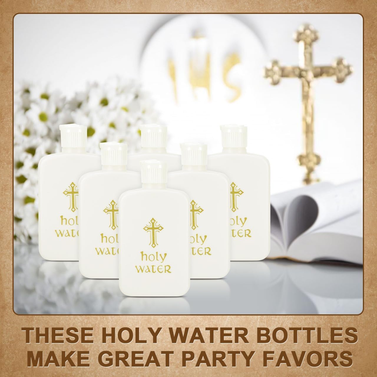 DOITOOL 6Pcs Holy Water Bottles 3.4oz Holy Water Container Holy Water Plastic Bottle Empty Containers with Gold Cross for Easter Catholic Christian Baptism Party Prop - 100ml