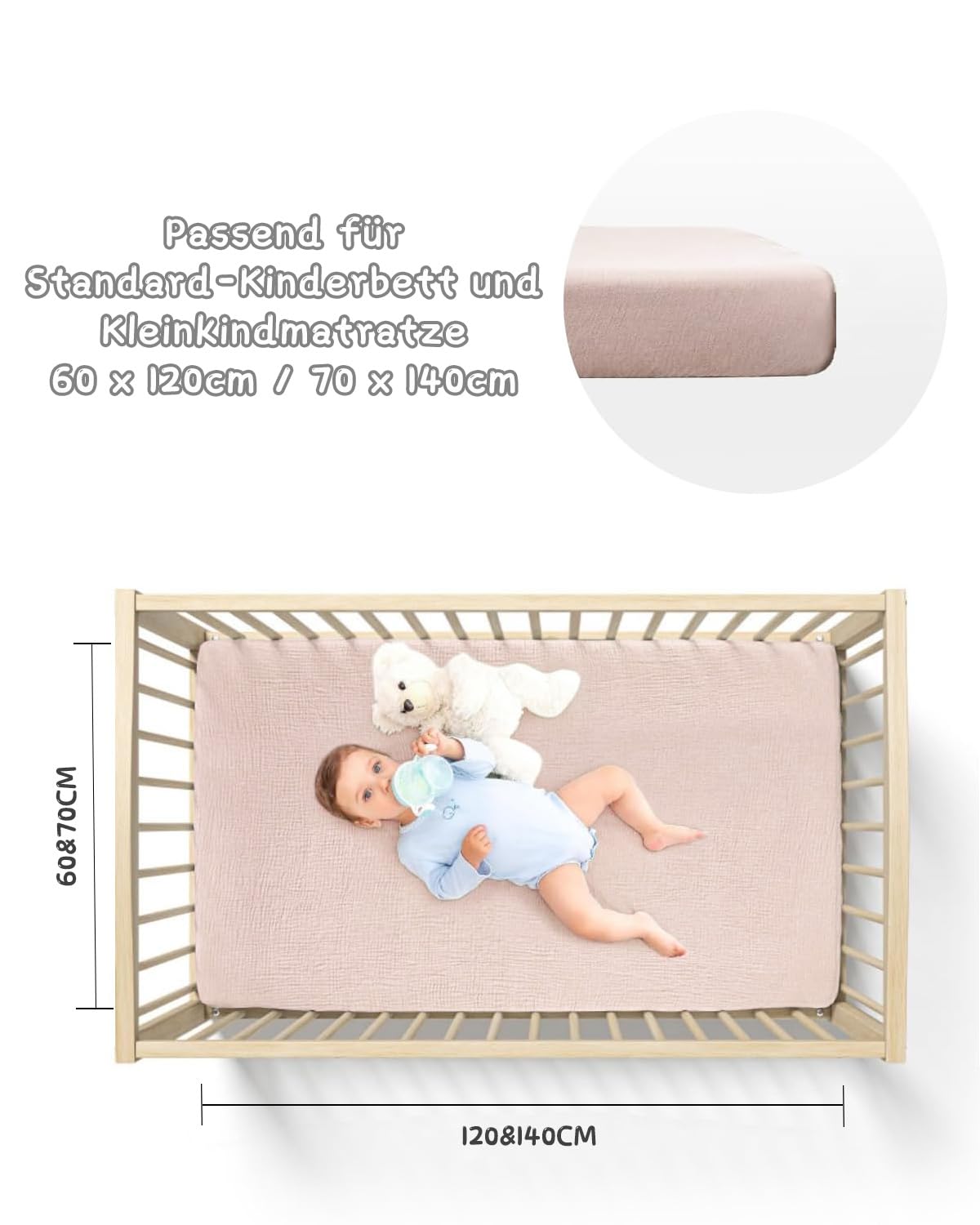 Set Di 2 Lenzuoli Angolati In Puro Cotone Per Lettino Bambini - Morbidi E Traspiranti 60x120/70x140 Cm - Ideali Per Camera E Viaggio (Rosa Viola) - Foto 10