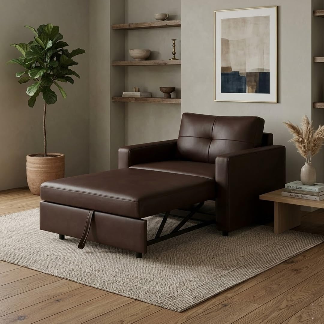 CASASTYLE Seria 1 Seater Pull-Out Premium Leatherette Sofa Cum Bed Sofa Set for Living Room (Dark Brown) Premium Finish Comfortable Sofa Bed