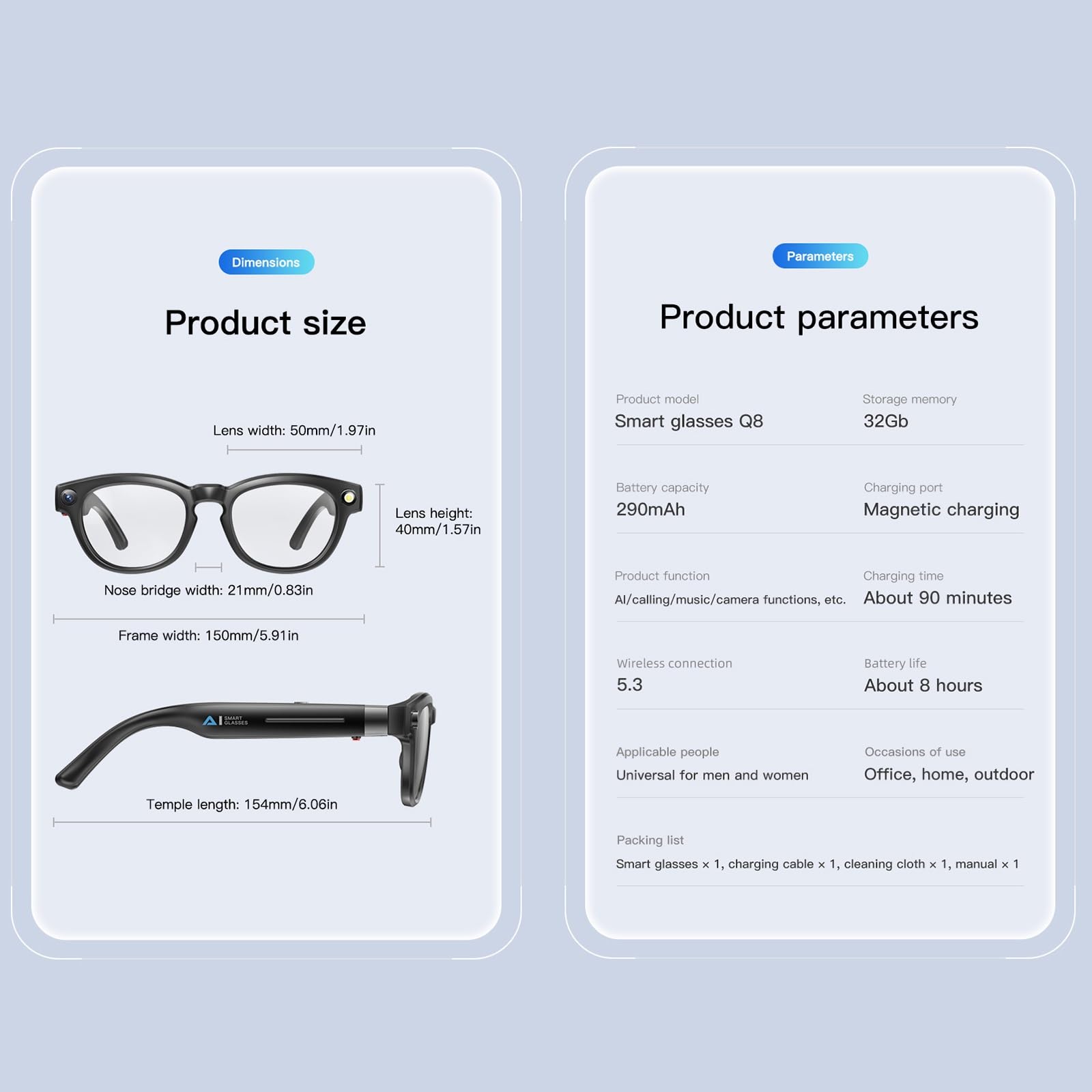 8MP 32GB AI Gafas Inteligentes Con Chat Y GPT Gafas Con Grabación De Video HD De 1080p Con Audio, Gafas De Sol Con Bluetooth Con Cámara, Traducción En Tiempo Real