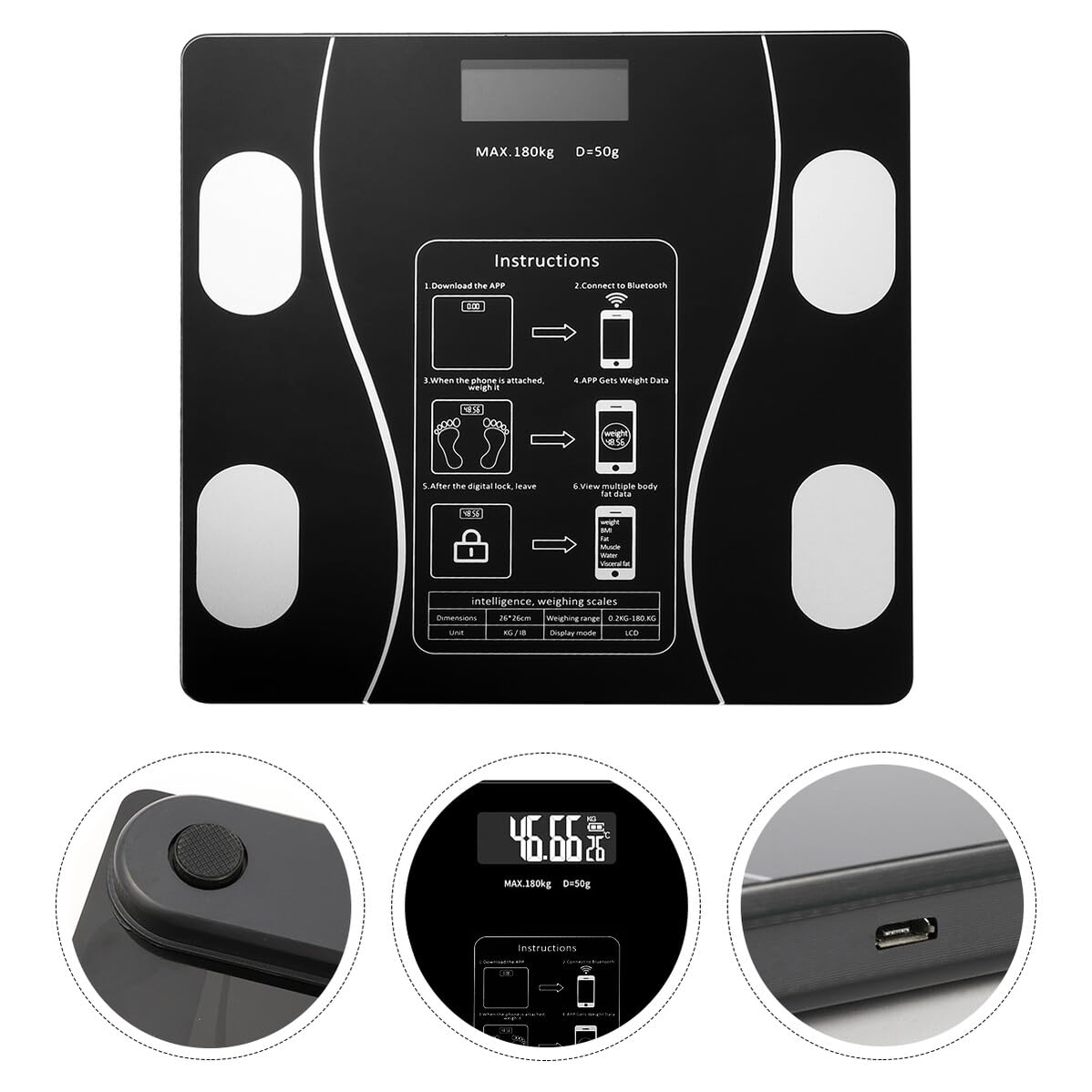 SHERCHPRY Balance Électronique Numérique USB Rechargeable avec Écran LED Large Capteurs de Précision Affichage Données Fonctionnelles Pèse-personne Impédancemètre pour Mesure Graisse
