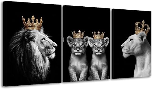 BJYCHG Lion Family Canvas Wall Art 3 Pieces King and Queen Lion King with Golden