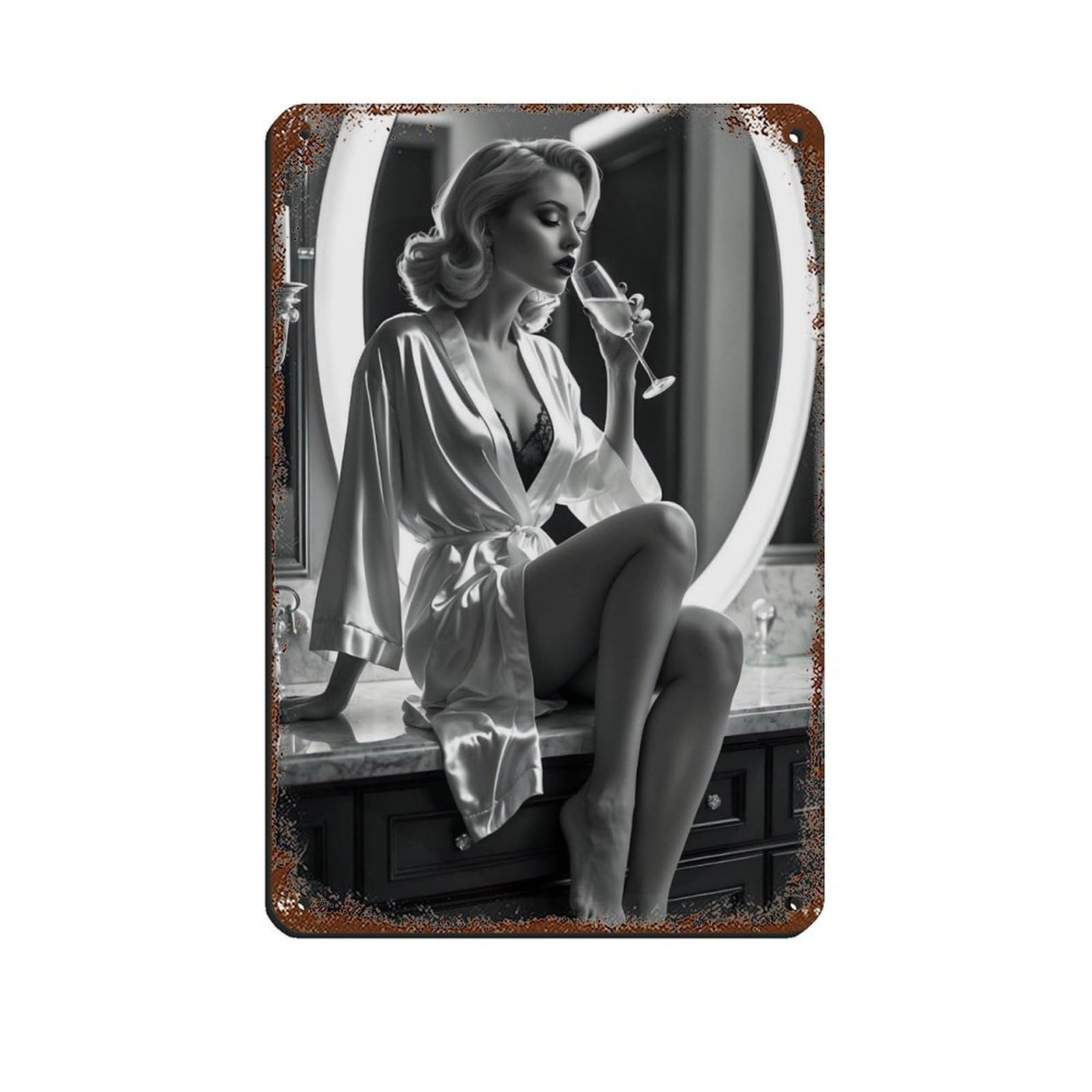 Monochrome Vintage Lady,Chic Bathroom Retro Poster Metal Tin Sign Chic Art Retro Iron Painting Bar People Cave Cafe Family Garage Poster Wall Decoration 8x12inch(20x30cm)