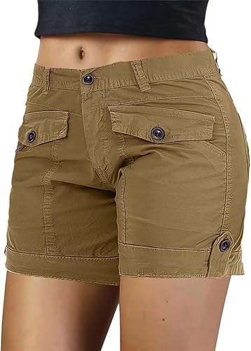 Flamingals Pantalones cortos cargo para mujer, cintura media, pantalones cortos de senderismo de verano con bolsillo plano para mujer