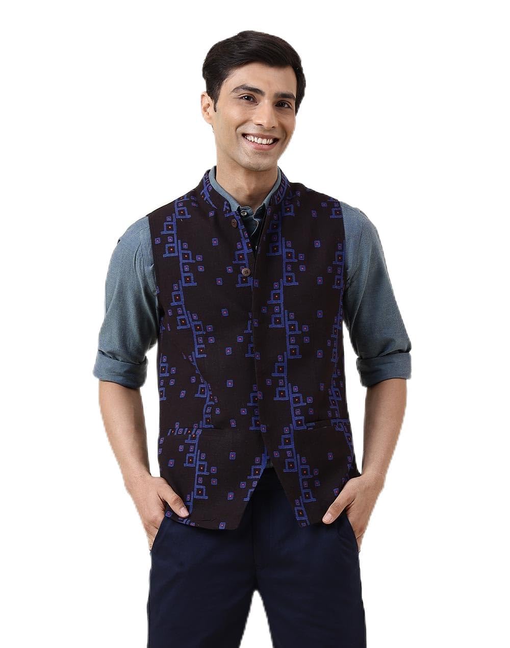 Black Cotton Printed Slim Fit Nehru Jacket-image-43