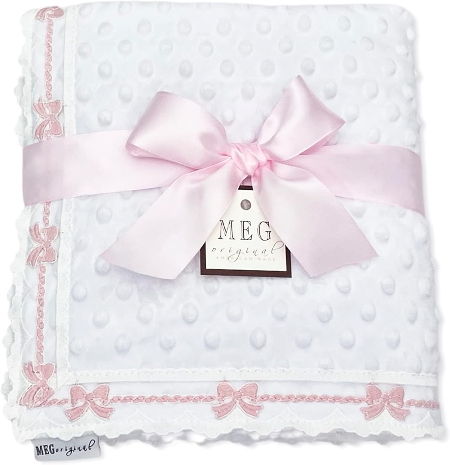 MEG ORIGINAL Baby Girl Blanket - Heirloom Collection - White with Pink Bows, Super Soft Minky, Handmade in The USA (Swaddle (30 x 30))