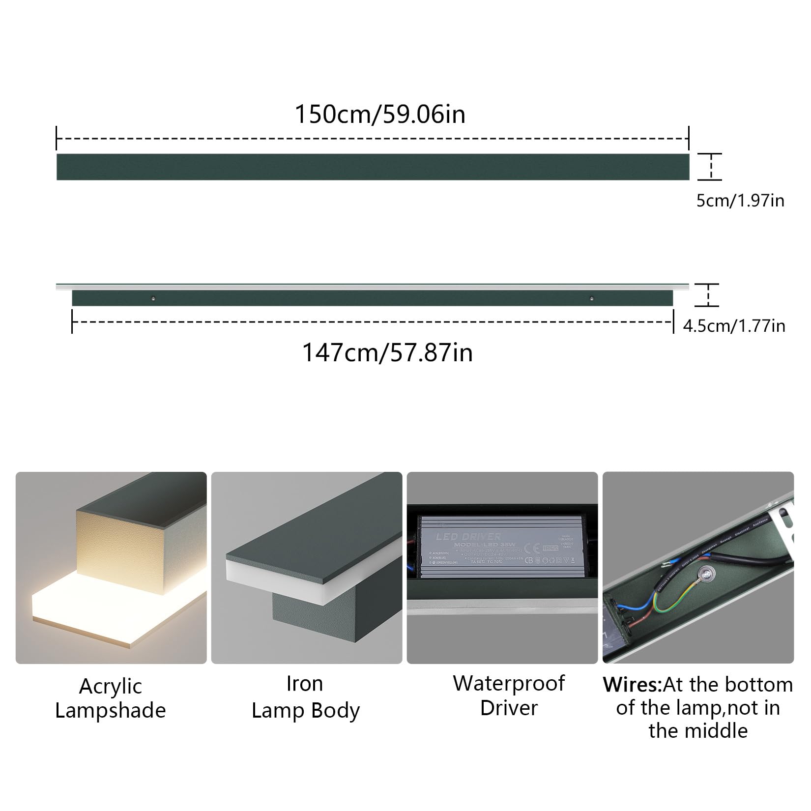 Klighten LED długa lampa zewnętrzna, 150 cm / 45 W wewnętrzna lampa ścienna, antracyt kinkiety ścienne, IP65 nowoczesne żelazne kinkiety, do wejścia do ogrodu tarasu, ciepła biel 3000K