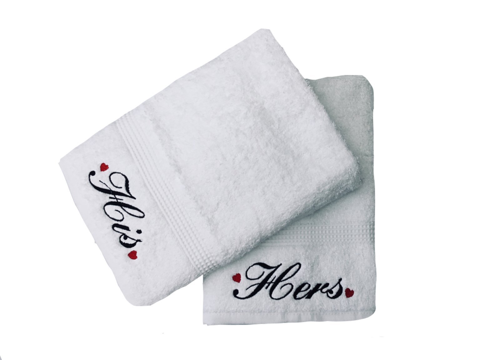 Niche Embroidery Embroidered His & Hers White Hand Towels Pair with Heart Motif