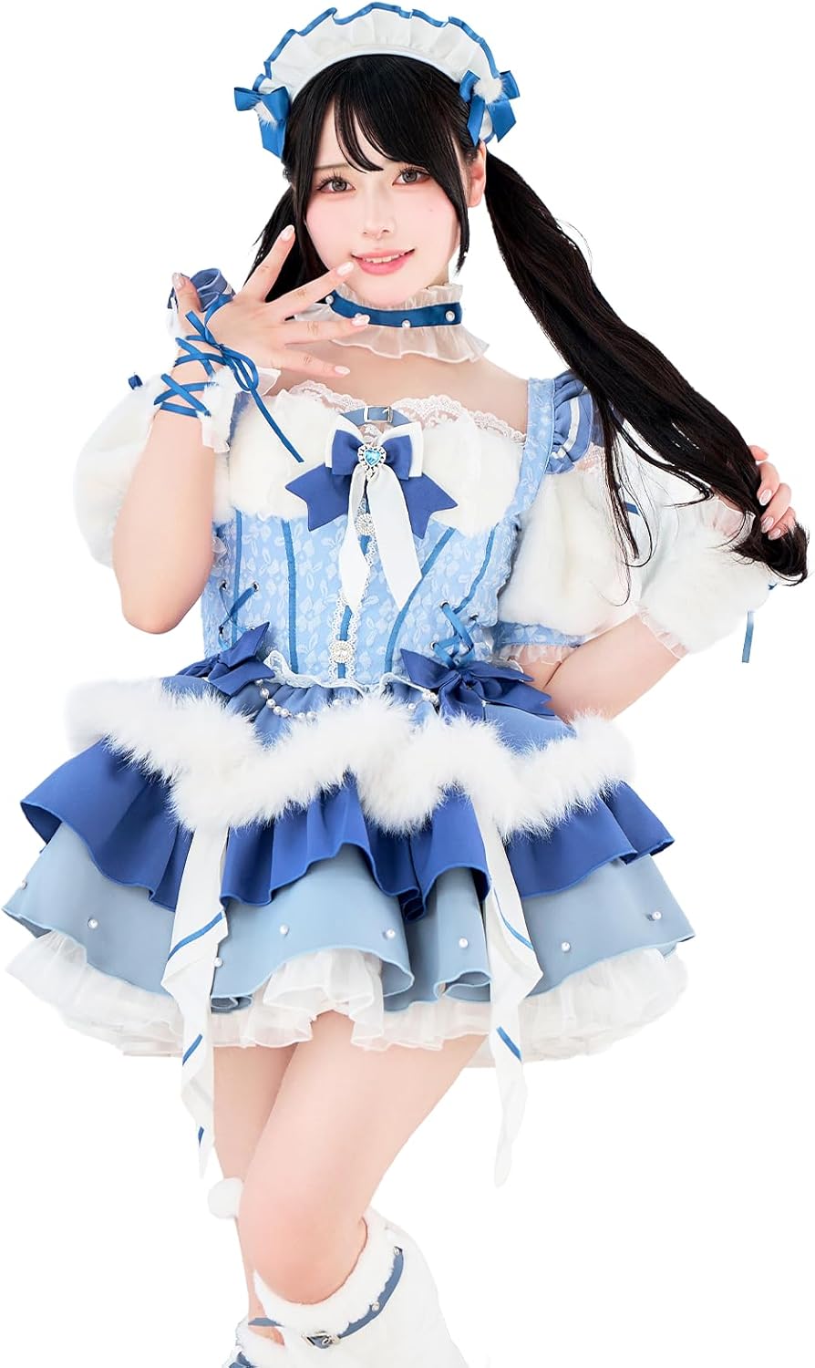 [Malymoon] コスプレ 魔法少女 もこもこ アイドル メイド ウエイトレス 冬 ピンク ブルー コンカフェ...