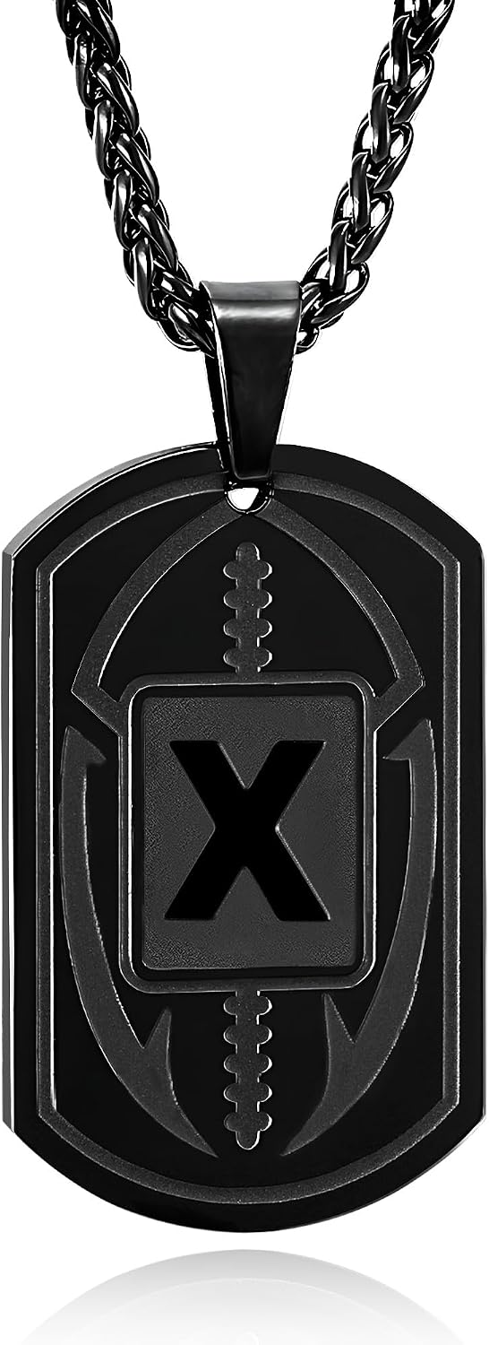 Football Initial Necklace for Men Boys Kids Teen Dog Tag Stainless Steel Black Letter Pendant Sport Football Athletes Jewelry Christmas Birthday Gifts for Kids Boys Men Teens Boyfriend Husband Dad