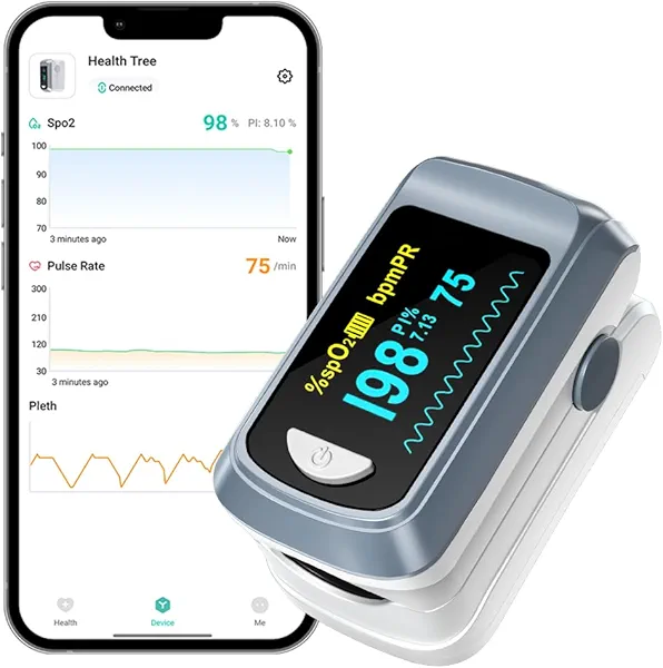 Pulse Oximeter HealthTree Oxygen Monitor Fingertip, Bluetooth Pulse Ox with Free APP, O2 Pulse Oximeter Finger and Heart Rate Monitor, 2 X AAA Batteries, Lanyard