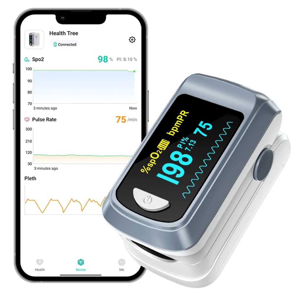 Pulse Oximeter HealthTree Oxygen Monitor Fingertip, Bluetooth Pulse Ox with Free APP, O2 Pulse Oximeter Finger and Heart Rate Monitor, 2 X AAA Batteries, Lanyard