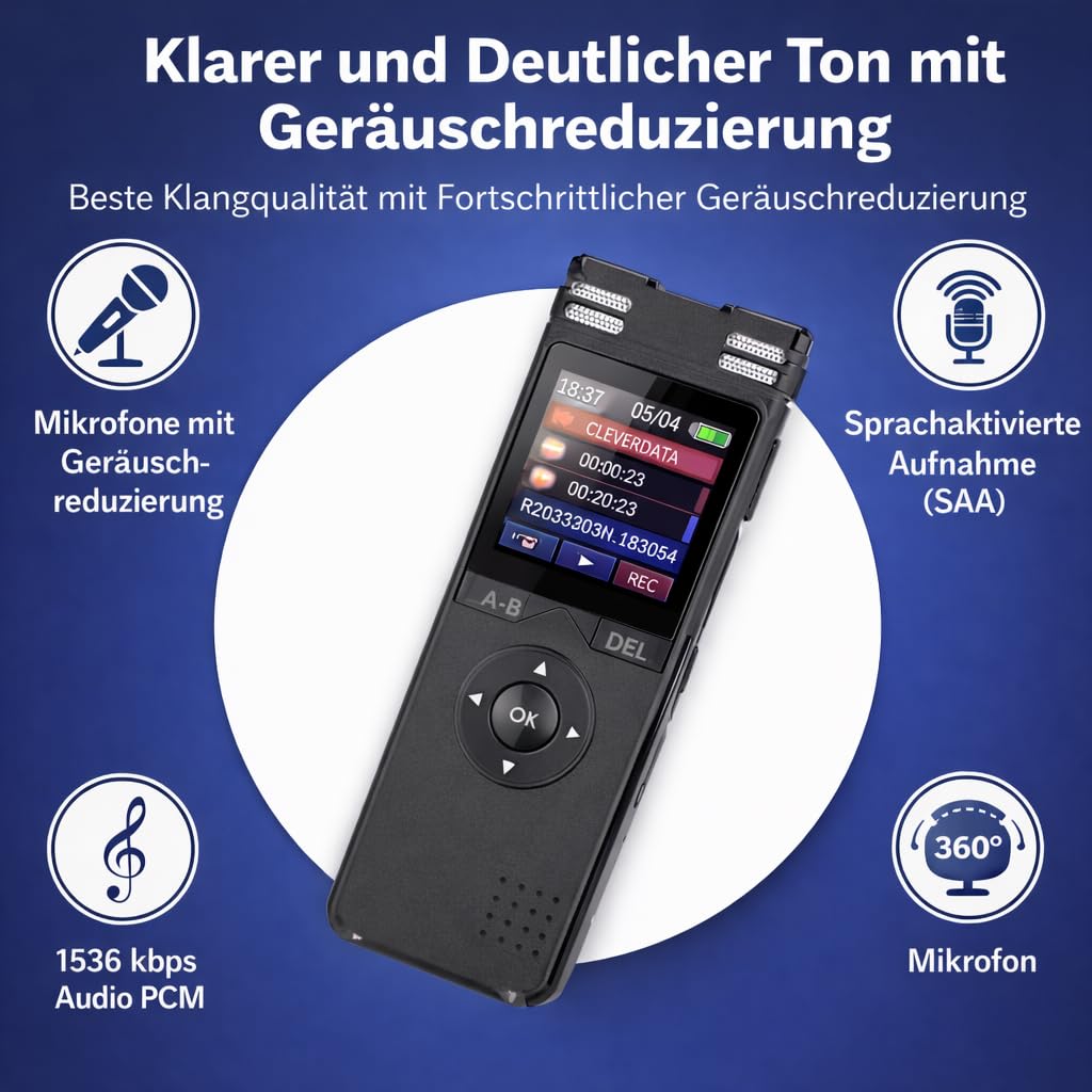 CleverTalk Diktiergerät Professionell 128GB – HD Audio PCM 1536kbps – Sprachaktivierung – Doppelmikrofon Rauschunterdrückung – Aufnahmegerät USB-C für Vorlesungen, Meetings, Interviews