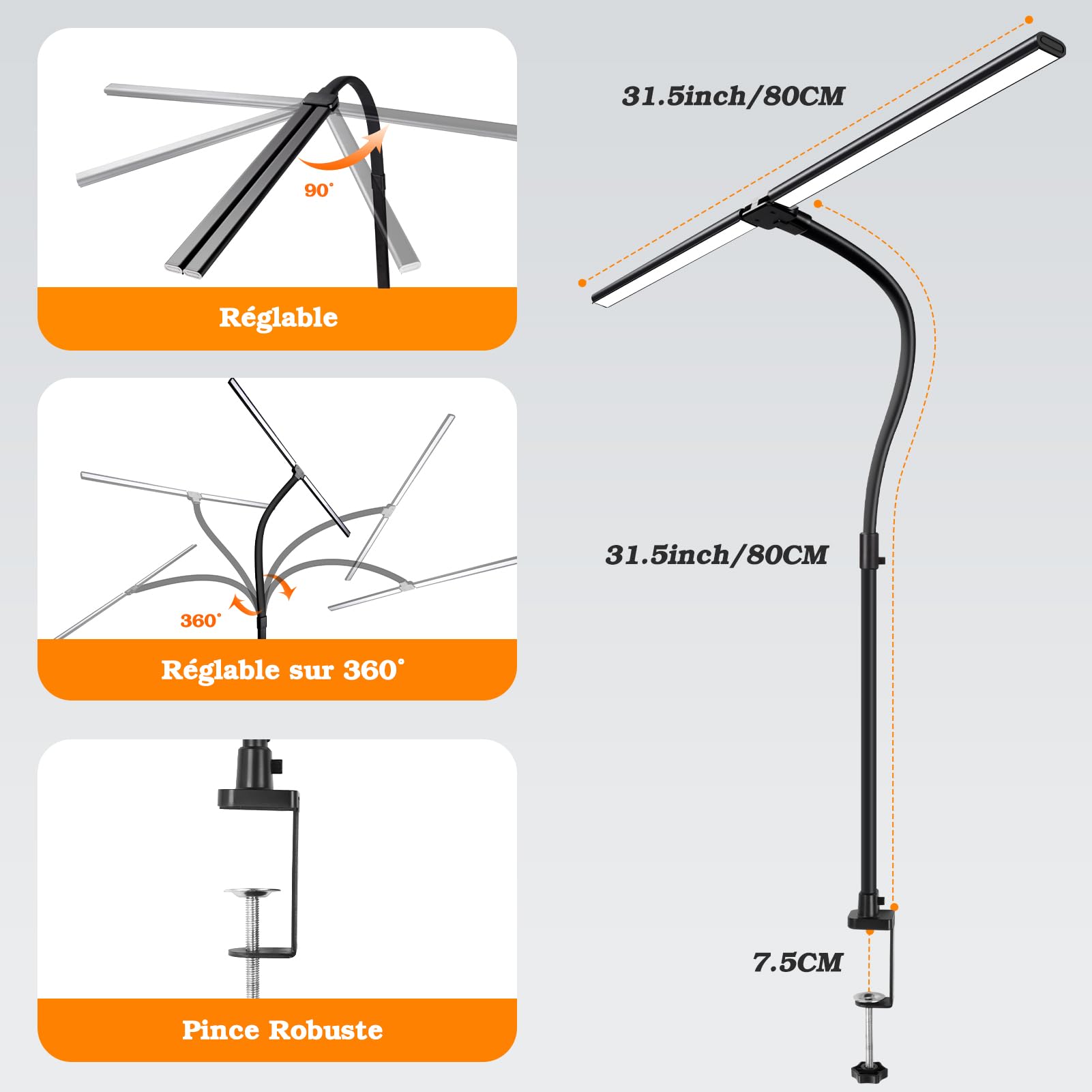 Gindoly Lampe de Table LED Puissante Pince d'architecte Double tête 24W 80CM