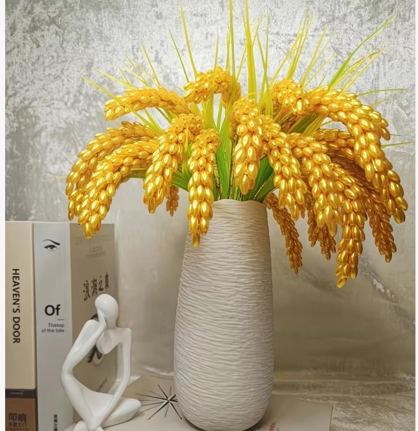 8 Pcs Artificial Yellow Rice Spike, Handmade Wheat Stems, Faux Rice Ears for Home Decor, Living Room Table Centerpiece Decor (No Vase Included)