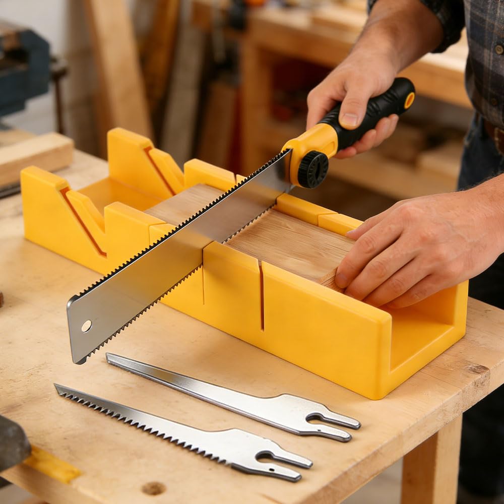 Juego de Caja de Ingletes, 4 Piezas, Caja de Ingletes con Sierra Japonesa para Madera, 3 Ángulos de Corte, Mango Ergonómico, Cortador Manual Para Carpintería, Bricolaje
