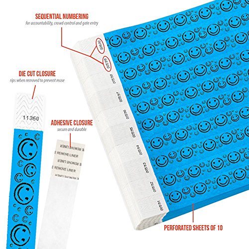 Image of 200 WristCo Neon Blue Smiley Face Tyvek Wristbands for Events | Comfortable Water /Tear-Resistant - USA Made Tyvek Wristband ID Bracelets for Events, Concerts, Party Security, VIP Admission
