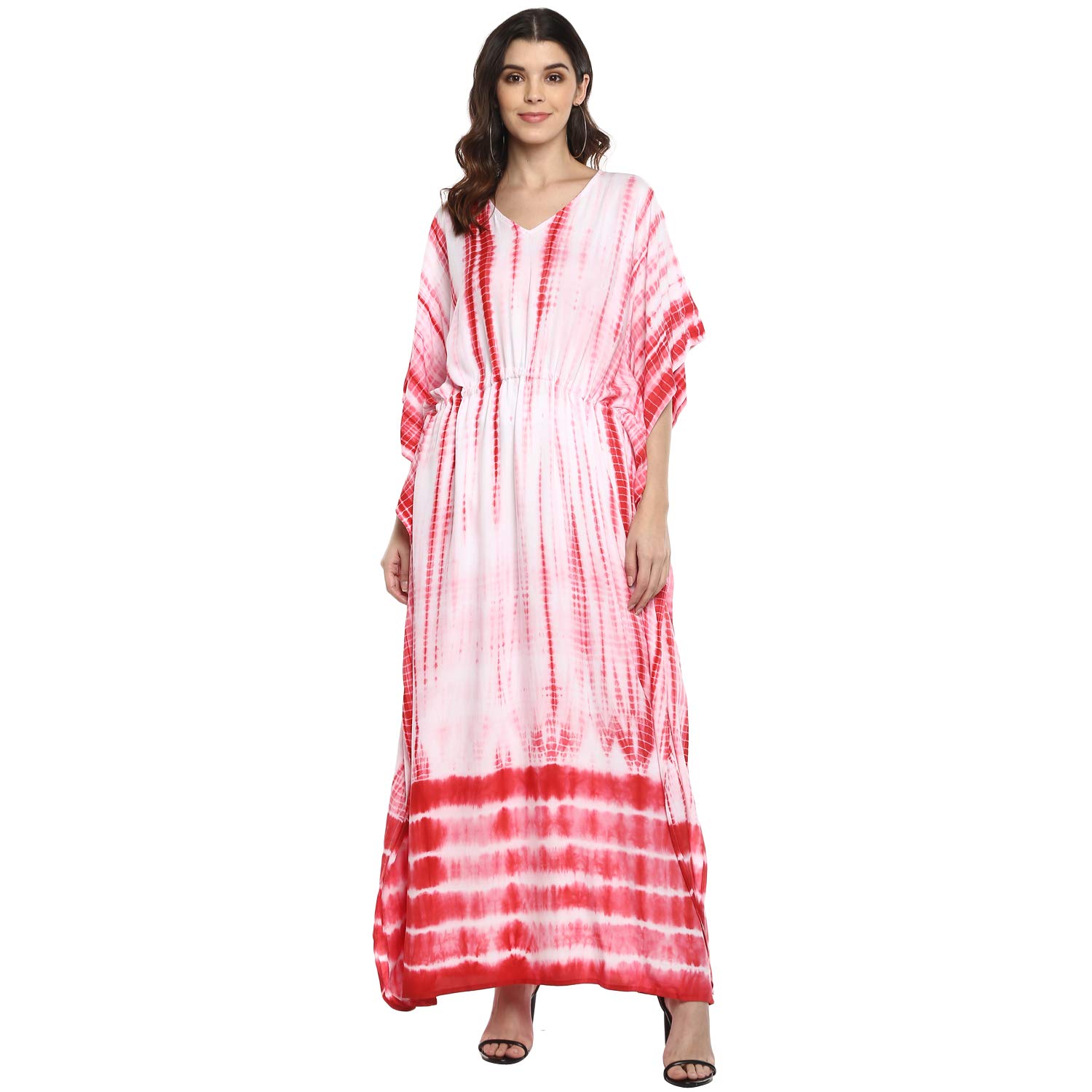 Women's Rayon Tie and Dye Kaftan (101, White with Red, Free Size)-image-5