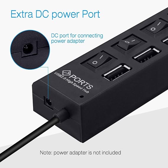Multi Port Splitter, 7 Port USB 2.0 Hub, USB A Port Data Hub with Independent On/Off Switch and LED Indicators, Lights for Laptop, PC, Computer, Mobile HDD, Flash Drive for All USB Device