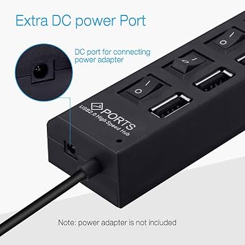 Multi Port Splitter, 7 Port USB 2.0 Hub, USB A Port Data Hub with Independent On/Off Switch and LED Indicators, Lights for Laptop, PC, Computer, Mobile HDD, Flash Drive for All USB Device