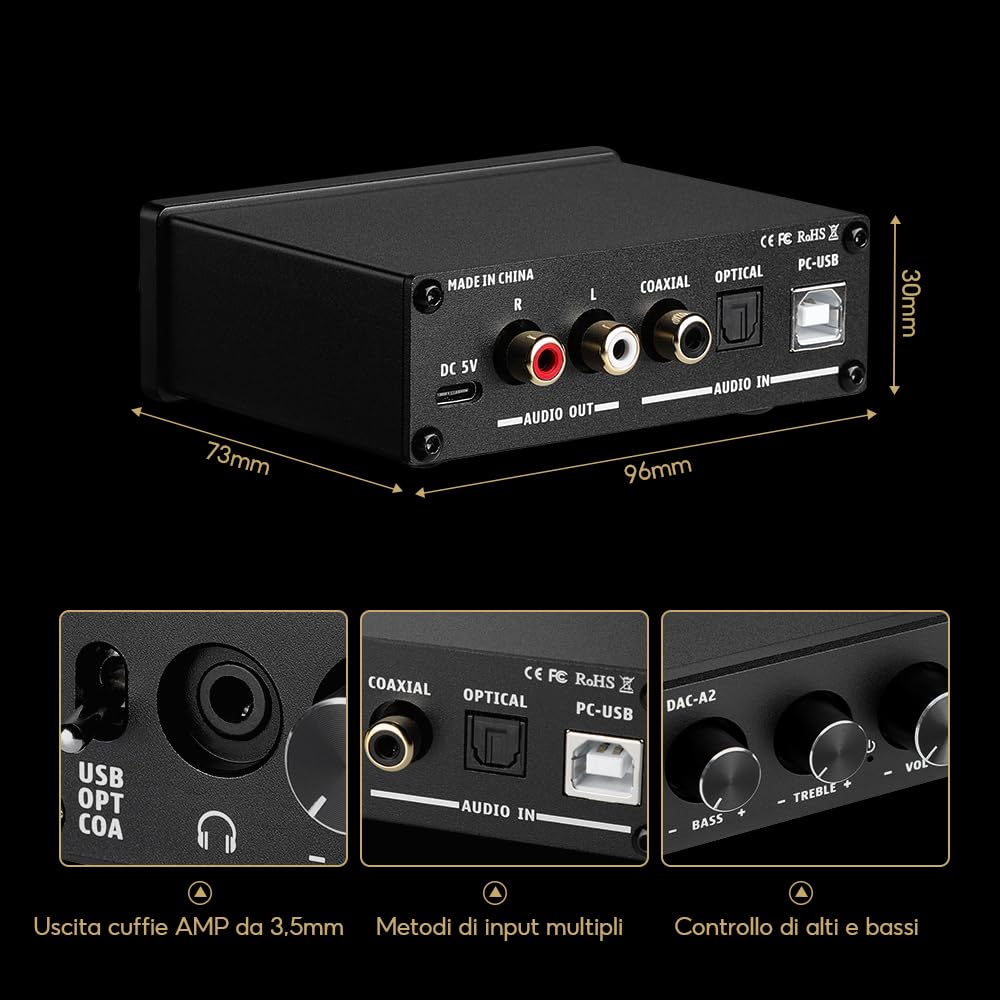 AIYIMA DAC-A2 DC5V Mini Decodificatore audio DAC alimentato USB Amplificatori per cuffie desktop Coassiale/Ottico a RCA Uscita per cuffie Convertitore digitale-analogico a 24 bit 192 KHz
