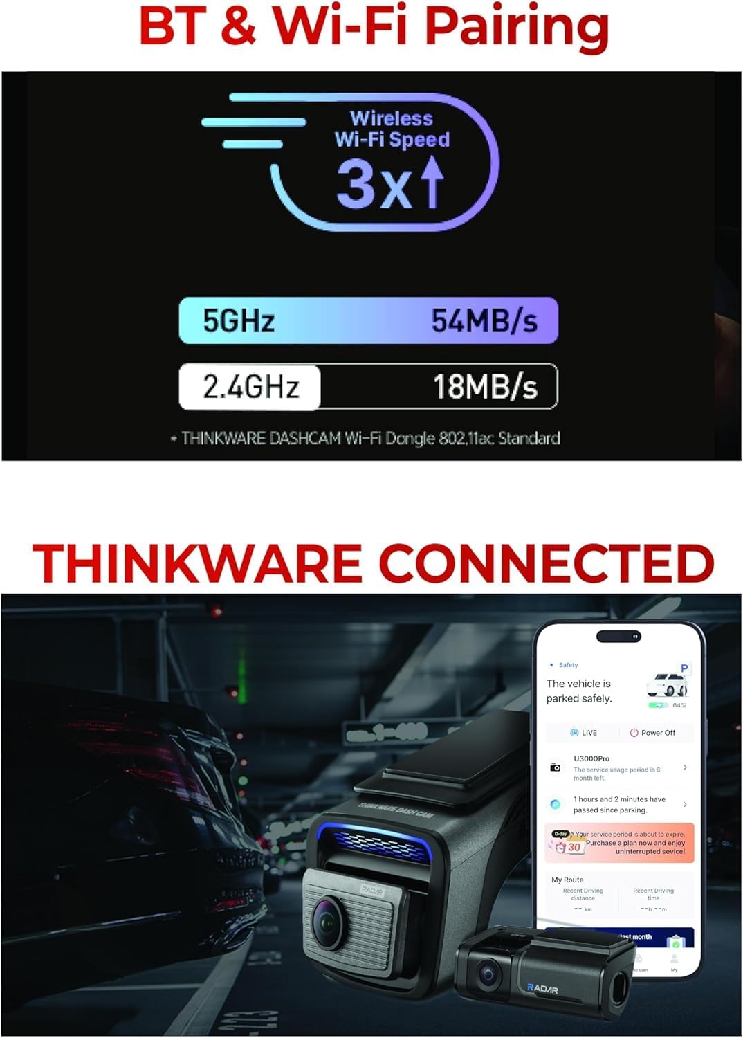 THINKWARE U3000 PRO 2CH 4K HDR Dual Dash Cam Front and Rear - 4K+2K STARVIS 2, Super Night Vision 4.0, Radar Parking Mode, Thermal Protection, 5GHz Wi-Fi and GPS - 64GB MicroSD & OBD Cable Incl