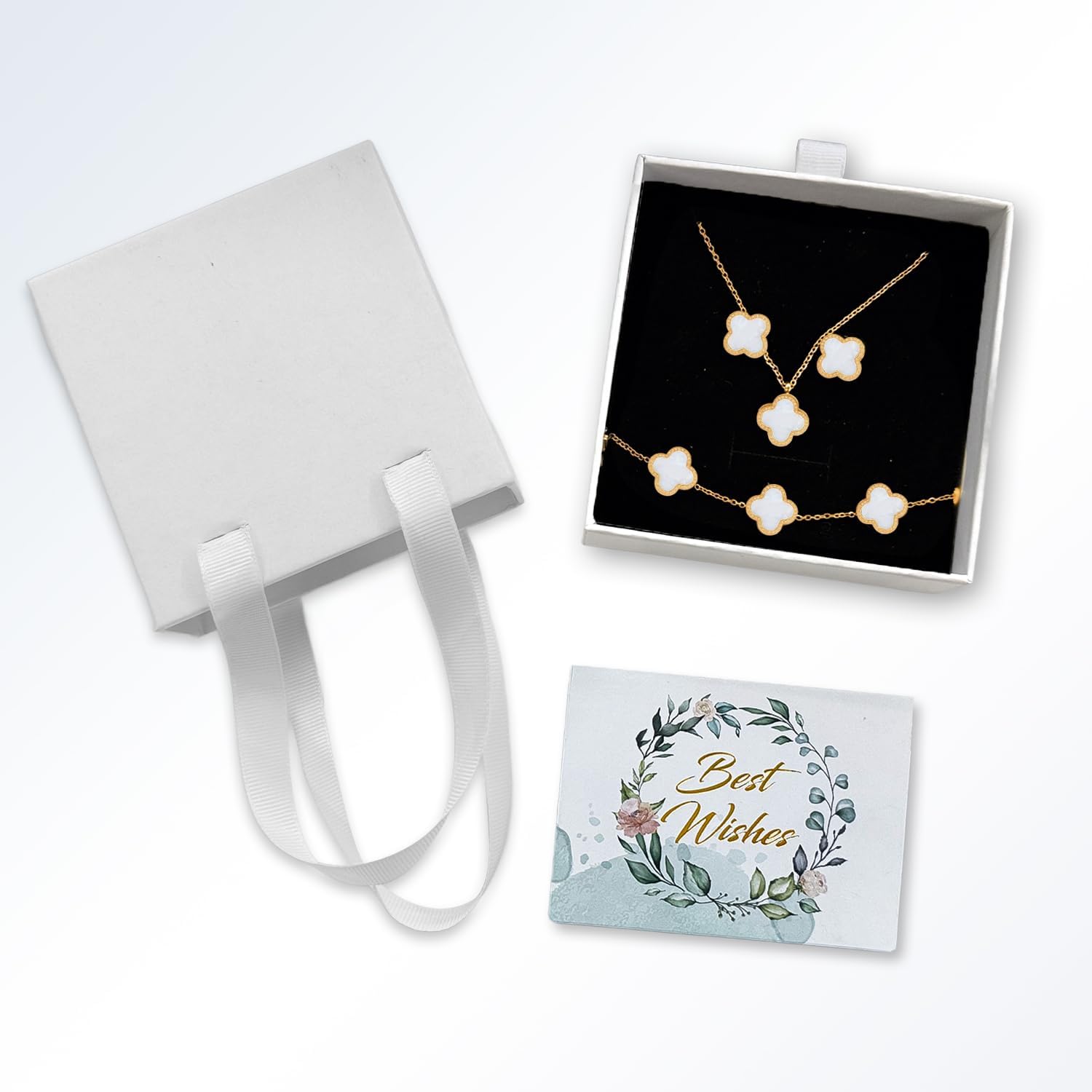 POWEROSE 18k Gold Four Leaf Bracelets for Women, Necklace Pendant, Earrings,White Link Bracelet Exquisite Clover Jewelry Sets for Women Valentines Day Gifts - Image 7