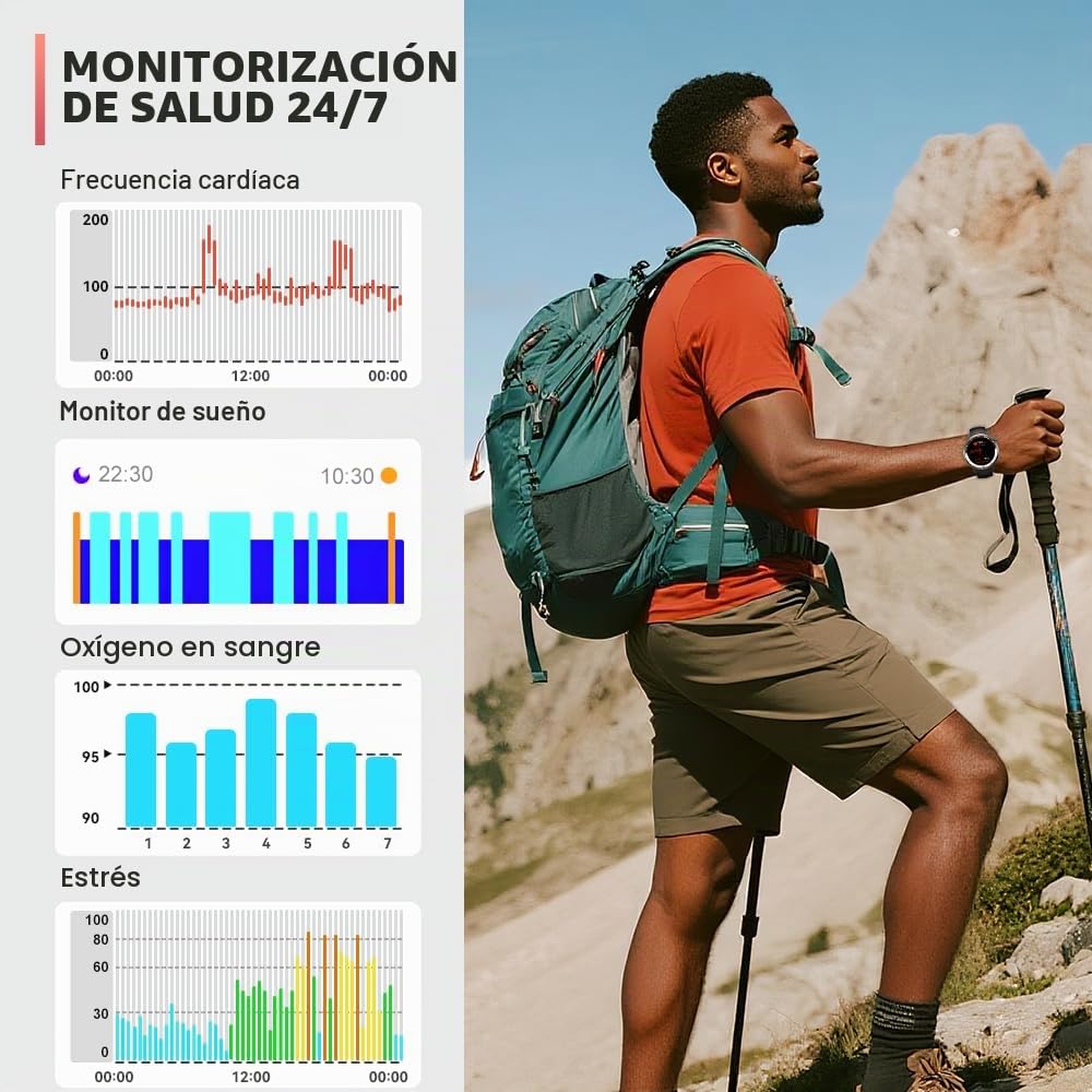 Jugeman Reloj Inteligente Hombre Militar con GPS, 5ATM Smartwatch con Brújula Llamadas Bluetooth Pulsómetro Oxímetro Sueño, 1.43" AMOLED Reloj Deportivo con 170+Modos Deportivos para iOS Android
