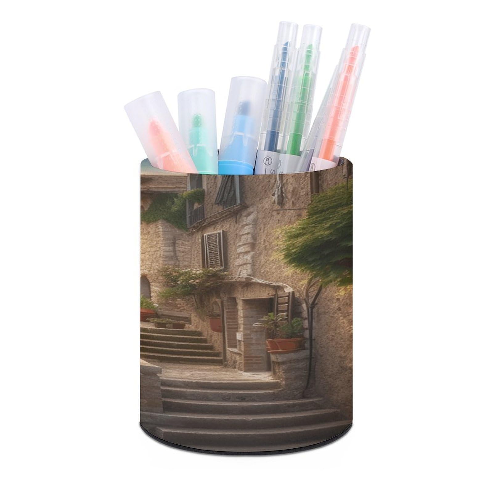 VstaDank Italy Tuscan Pen Holder PU Leather Pencil Cup Minimalist Desk Pencil Holder Round Make Up Brush Organizers For Office Dorm Room&Vanity Desk Accessories