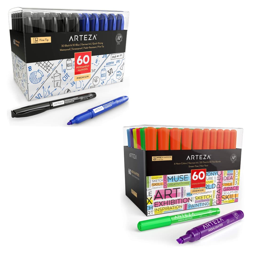 ARTEZA Permanent Markers Set of 60 Highlighters Set of 60, Bulk Pack of Colored Markers, Office Supplies for Home, Office, Schools