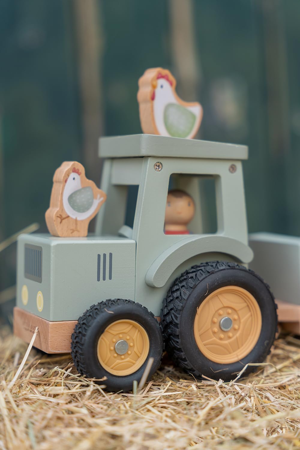 Little Dutch Trattore con rimorchio con animali e personaggio giocattolo in legno per bambini, verde, Little Farm
