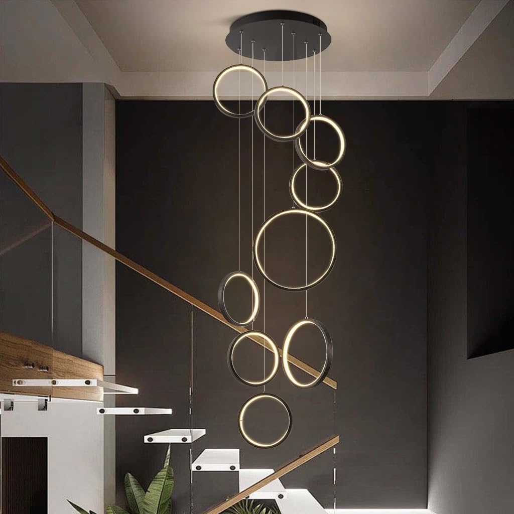 Modern LED Hängelampe Dimmbar Ringe Pendelleuchte Wohnzimmerlamp Aluminium Treppe Hängeleuchte Xuanguan Schlafzimmer Esszimmer Küchenlampe Höhenverstellbar Lampen(9-Ring)