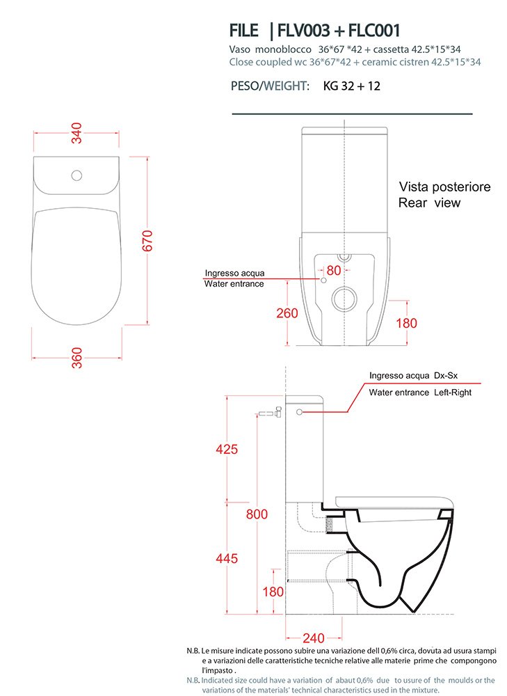 Vaso Wc Bagno Monoblocco File 2.0 completo di tavoletta e meccanismo di scarico