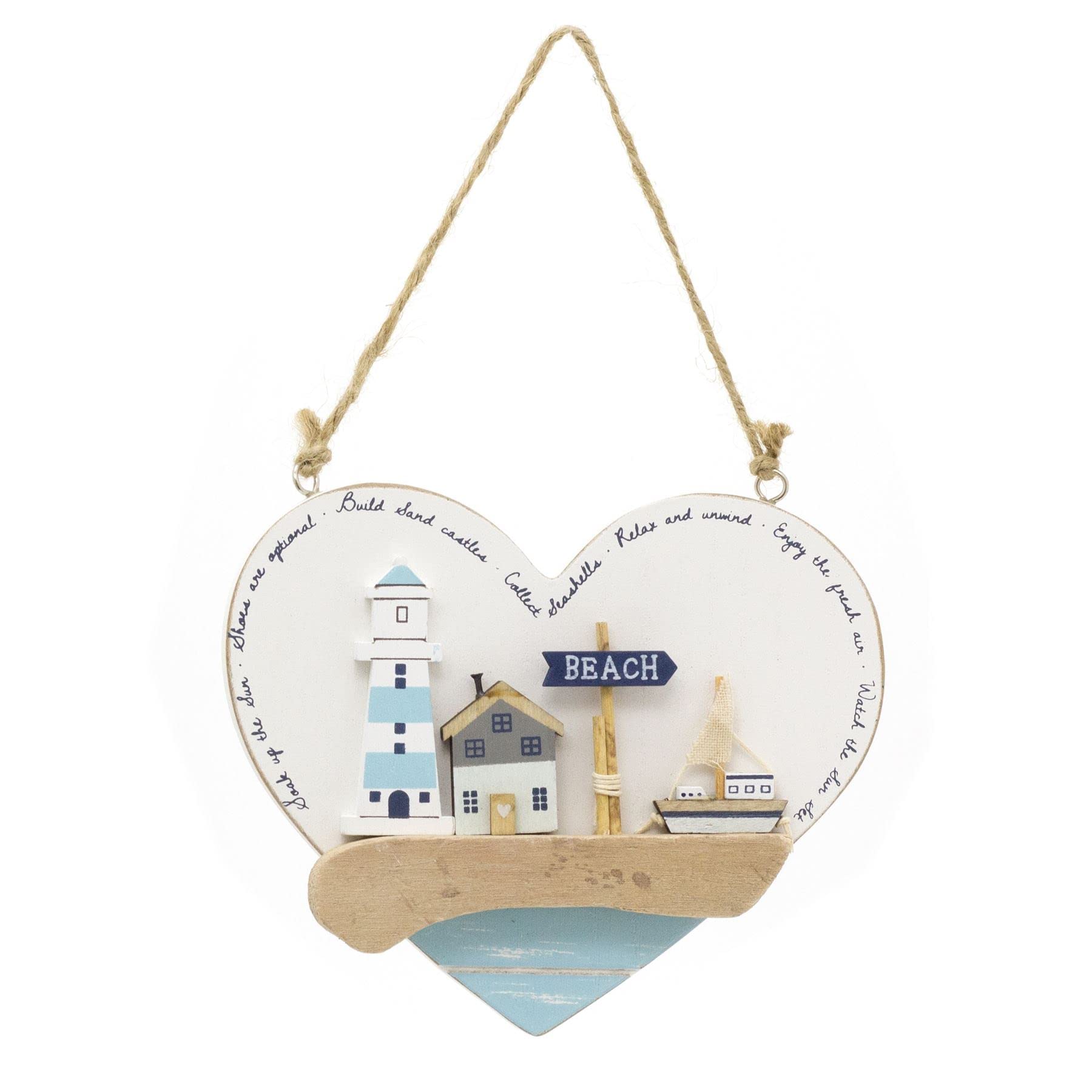 Seashore Heart Shaped Nautical Plaque | Decorative Coastal Hanging Beach Sign Nautical Wall Art | Seaside Sign Nautical Decor - 16cm
