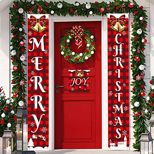 Christmas Decorations for Home, Merry Christmas Banner Buffalo Porch Sign for Indoor Outdoor Front Door Living Room Kitchen Wall Party (Style 4)