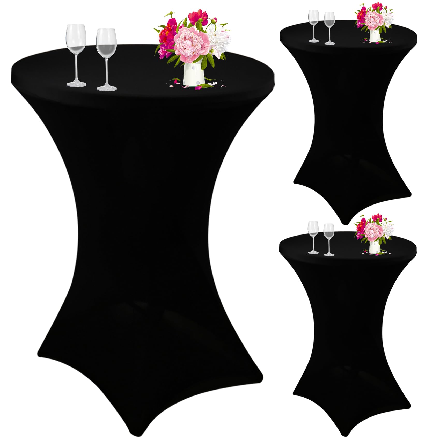 JALANCY 3 Pack Cocktail Spandex Tablecloth 32"x43" Cocktail Table Cover Fitted for High Top Round Table for Bar Wedding Birthday Party Banquet (Black)