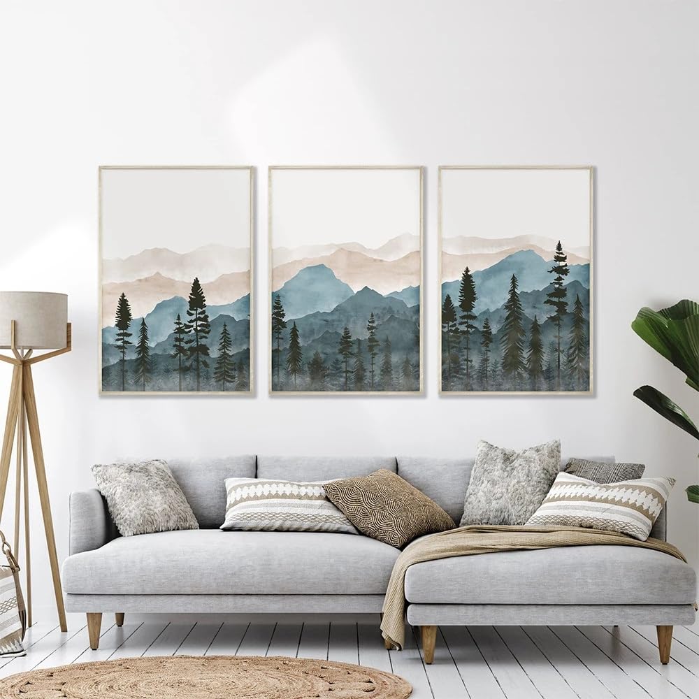Wuhbcz Blue Wall Posters-Abstract Watercolour Landscape Mountain Tree Wall Art Canvas Painting Nordic Poster Print Wall Picture Living Room Kitchen Office Decor-40 * 50Cm/3Pcs (No Frame)